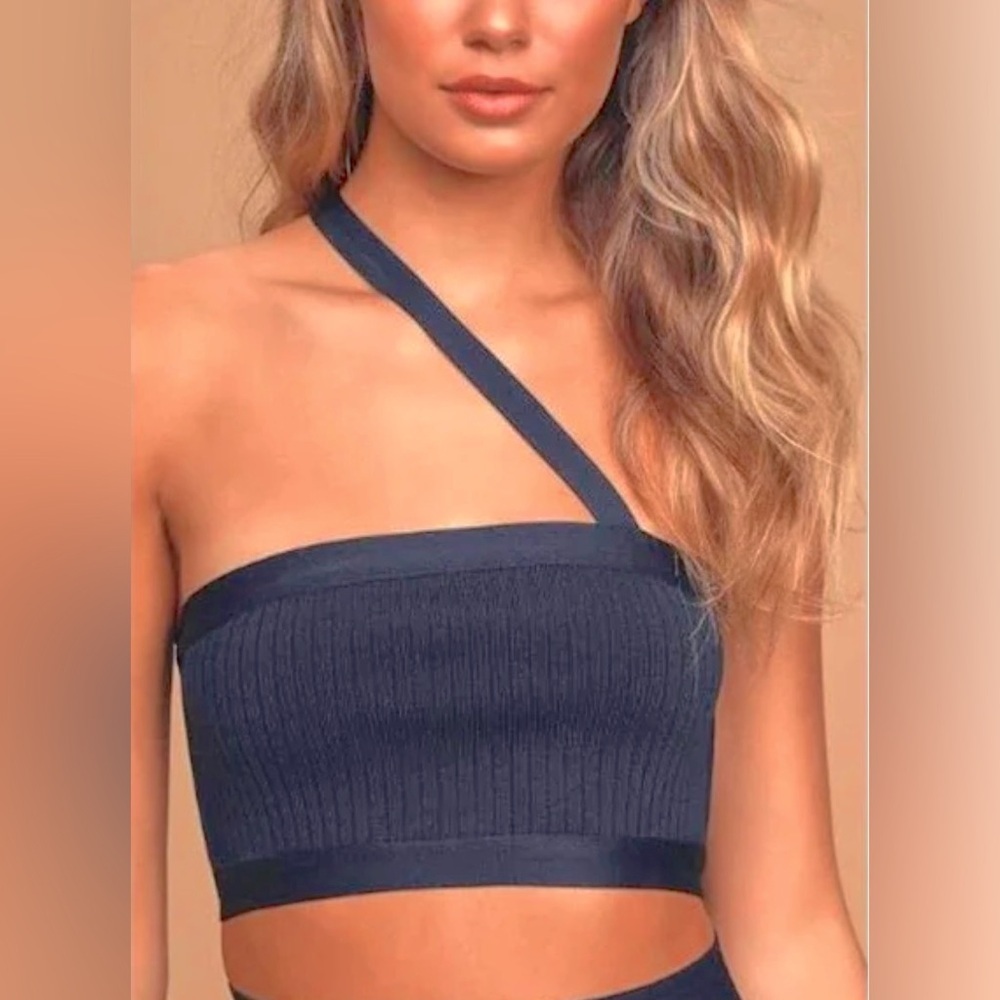 Lulus Dance Hall Navy Blue One-Shoulder Sweater Cropped Top- Size XL- NWT